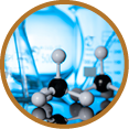 A variety of glass flasks and lab equipment with molecule structures on a table